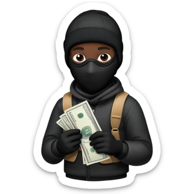 Ski mask holding money bag with black skin color black sticker