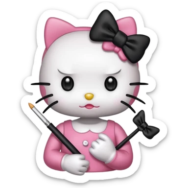 hello kitty with a blunt in a hand with long black nails and a black bow sticker