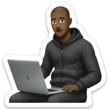Black-guy-with-buzz-cut-wearing-black-trackstuit-sitting-down-on-chair facing-foward-focused-on-laptop-computer- sticker