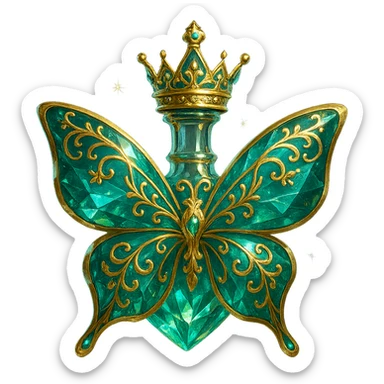 crystal elegant butterfly-shaped bottle, short neck, princess crown, green and blue colors, lots of glowing, facets, more ornaments, decorations, golden details, magical effects, premium class, transparent background, bottle clearly flying in air, no base or shadow sticker