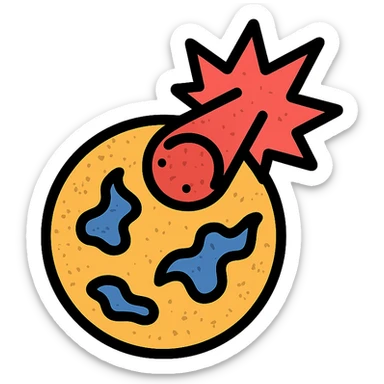 minimalist icon of a meteor falling into and destroying a planet, worn distressed effect sticker