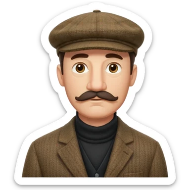 three quarter head profile huge mustache big sideburns sport coat black turtleneck tweed flat cap, squinting eyes trying to puzzle out sticker