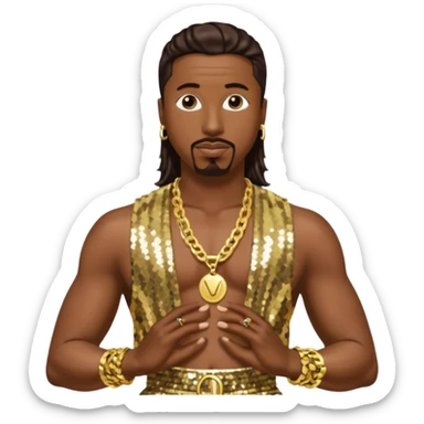 MC Hammer with dark brown hair, gold sequin harem pants, shirtless with necklace sticker
