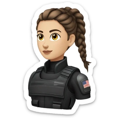 A young woman with a petite and slender build, pale, hazel eyes, and long brown hair with a silver streak, pulled back into a braid. She’s wearing black tactical battle gear. sticker