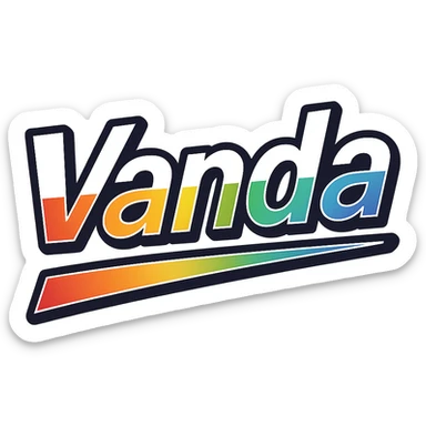 The name 'Vanda' in modern, precise Hungarian letters with a rainbow gradient color fill, extra thick white letter outline, dark contour, transparent background, dynamic slanted underline, in the style of the sample images. sticker