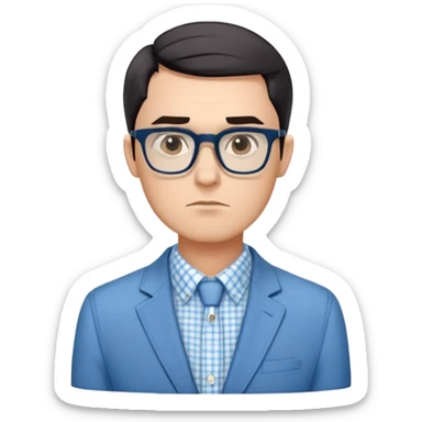 Man with angular square face, large dark square eyeglasses, short straight dark hair with side part. Composed serious expression. Wearing a light blue blazer over a white button-up shirt with blue checkered pattern. sticker
