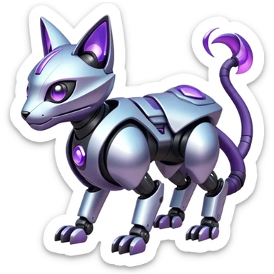  exotic iridescent silver and purple cyber-Protogen-Fakémon-Pokémon-Vernid-robot-feline-creature sticker