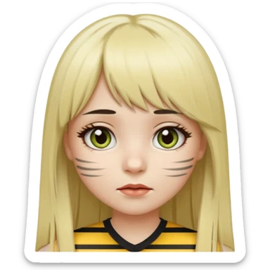 Girl with long straight dark brown hair and blonde striped streaks, with bangs. Light skin and dark eyes. Turn her into a cute zombie version — pale greenish skin, dark eyes, small wounds under eyes, keep her hair and mechas the same, emoji-style. sticker