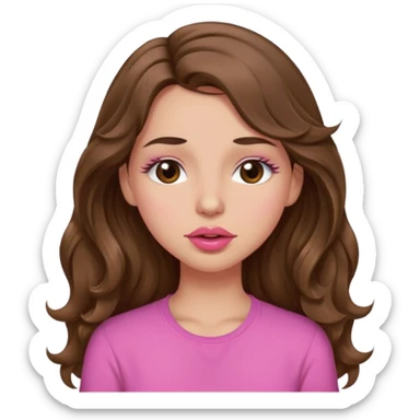 girl with long wavy brown hair, brown eyes, light to medium complexion, in a pink shirt, pink lips, long lashes, puckering lips kissing, winking with one eye closed sticker