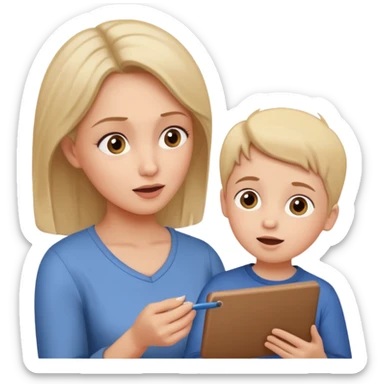 pleasanty surprised mother with child showing drawing sticker