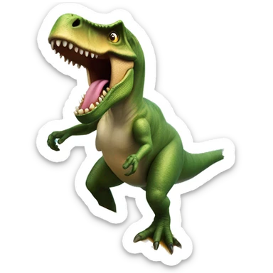 un t-rex surfeando una ola con una tabla de surf en el caribe sticker