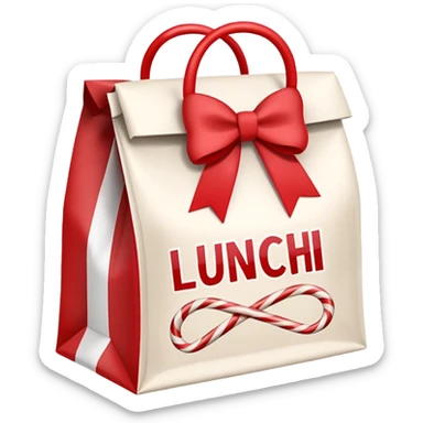 christmas paper lunch bag with the word lunch on it and a bow and candycanes sticker