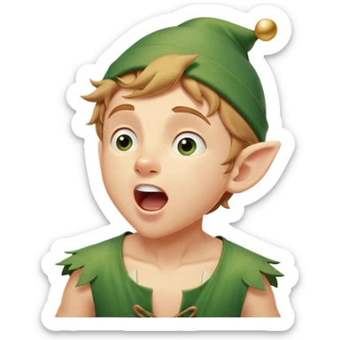 Cinematic Realistic Peter Pan Portrait, head tilted slightly with a dramatic, wide-open yawn, revealing a relaxed yet spirited expression. His detailed tunic and cap, paired with a gentle, ambient glow, capture a tender moment of vulnerability amidst his eternal quest for adventure. sticker