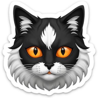black and white long hair cat. black nose. black splotch near nose on the right side. black mask. white chest.  sticker