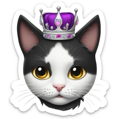 black and white cat wearing a crown sticker