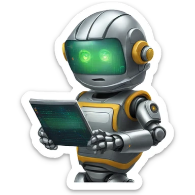 Secret half man half robot agent with a spyglass looking reviewing multicolor lines of code sticker