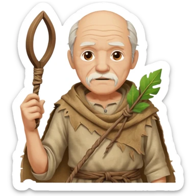 ancient old man, tattered leaf cloth, hold the slingshot sticker