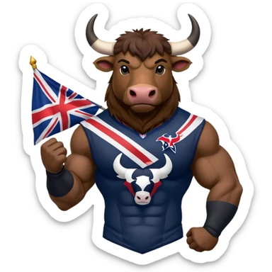 Houston texans black bull, wearing a texans jersey, with a union jack flag behing sticker