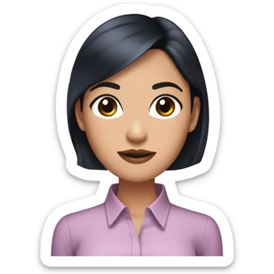 an asian women with short black hair with length in between ears and shoulder and straight style. dark brown eyes. Small hoop silver earrings. Lips mauve pink. Dark blue collar blouse. Holding a iphone. Facial expression is sassy but nice. sticker