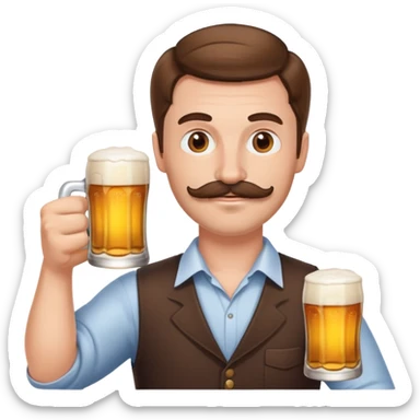 White man with brown hair and mustache holding a beer sticker