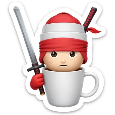 A disposable coffee cup character with a face, wearing a red ninja headband tied around the top and gripping a katana sword sticker