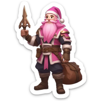 Spear user in albion online with pink hair pink beard and a santa bag sticker