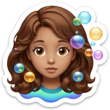 girl with brown wavy hair in a side part with big brown eyes looking off to the side with bubbles on both sides of her sticker