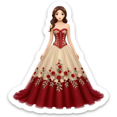 A luxurious strapless A-line wedding gown featuring a sheer lace corset bodice with structured boning, intricate floral embroidery, and a flowing layered tulle skirt adorned with delicate 3D floral appliqués for a soft, romantic, fairytale look. sticker