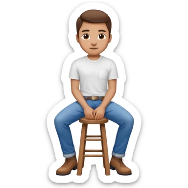 a person sitting on stool showing backward sticker
