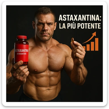 hyper realistic bodybuilder showing red bottle of Astaxantina, orange and golden capsule, bar chart, text 'Astaxantina: la più potente', motivational atmosphere sticker