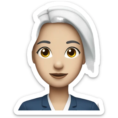 Flight attendant with long black hair, white skin and a blue uniform and a scarf sticker