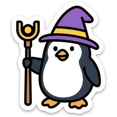 color outline icon of a penguin wizard with a staff sticker