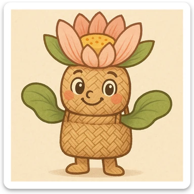 mascota para proyecto productivo lirio de agua animado usando un bolso artesanal como cuerpo, estilo tierno y carismático, detalles de tejido visibles, expresión amigable sticker