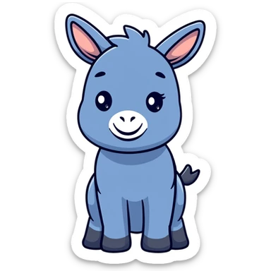 cute blue donkey with big eyes and friendly smile, simple flat design sticker