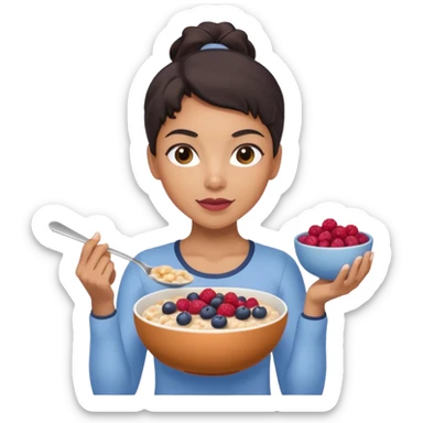 Mixed-race athletic woman with caramel skin, slim thick, holding a bowl of oatmeal with berries, pastel tones sticker