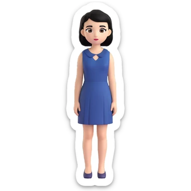A girl with black hair, dark brown eyes, a beautiful face, short, straight hair to the shoulders, and a navy blue dress. sticker