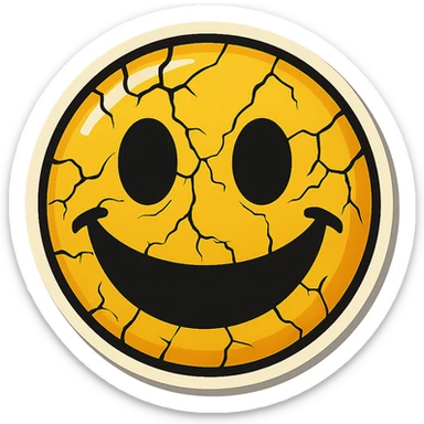 creepy emoji with cracks, empty eyes and wide smile, retro stickers style, sharp black outlines, clear shadows and highlights, no gradients sticker
