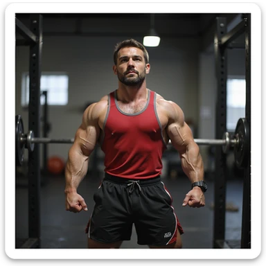 Powerlifter in competition clothing, showing prominent knee scar, determined look, comeback after injury atmosphere, realistic details, gym background. sticker