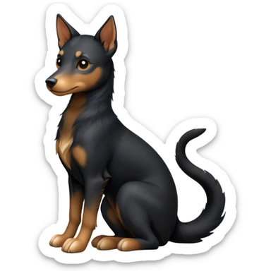 cinematic-[kelpie]-realistic-full-body-sitting-emoji,-tail-resting-loosely-beside-its-paws,-head-tilted-dramatically, -sleek-[Black and tan]-fur,-simplified-yet-realistic-focused-features,-highly-detailed,-glowing-with-an-almost-sarcastic-glow sticker