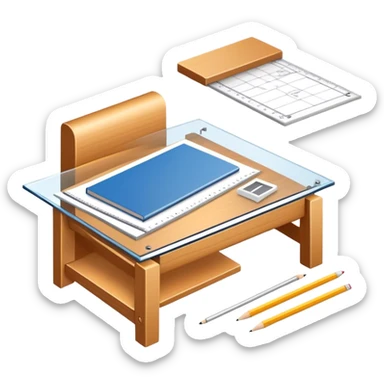 Icon for Furniture Design: a furniture drawing with 3D models of furniture pieces placed on top, accompanied by rulers and a pencil. The icon should represent the design process with focus on precision and modeling. Transparent background. sticker