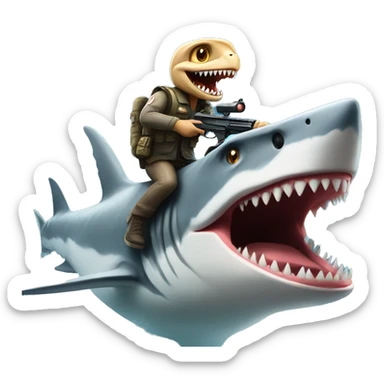 raptor riding on a shark shooting laser guns sticker