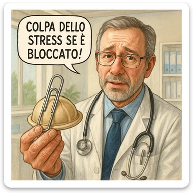 hyper realistic doctor showing a diaphragm locked with a large paperclip, empathetic expression, comic with the phrase 'Colpa dello stress se è bloccato!', realistic details, bright medical office sticker