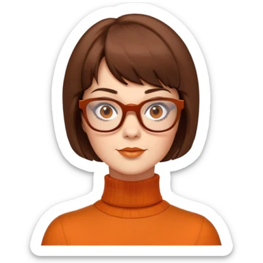 velma dinkley short brunette hair, brown eyes, square glasses and orange turtle neck from scooby doo  sticker