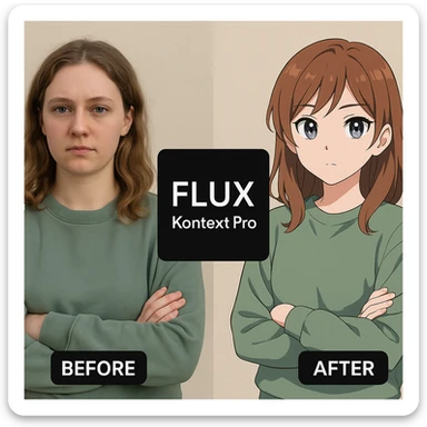 create before after image of a girl before is realsitic photo, after is anime version of her in same pose and clothes, add logo with text of a "FLUX Kontext Pro" in middle in big, black background sticker