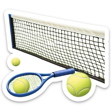 A tennis racket and ball positioned on a grass court, with the net and lines clearly visible in the background. The scene emphasizes the classic elements of the sport, capturing the energy and precision of a tennis match. sticker