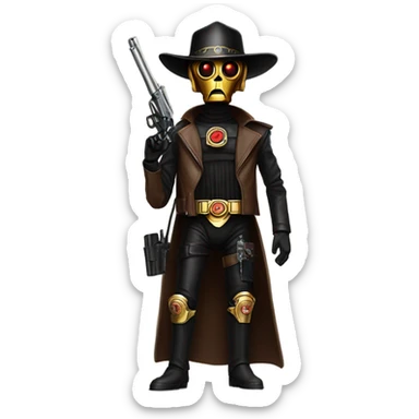 battle rough and tough bounty hunter c3Po wearing Satan’s leather biker outfit with guns and wide-brim hat on head. walking sticker