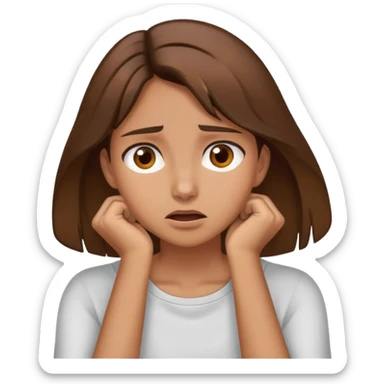 A girl with brown hair and brown eyes with her hands around her neck in frustration  sticker