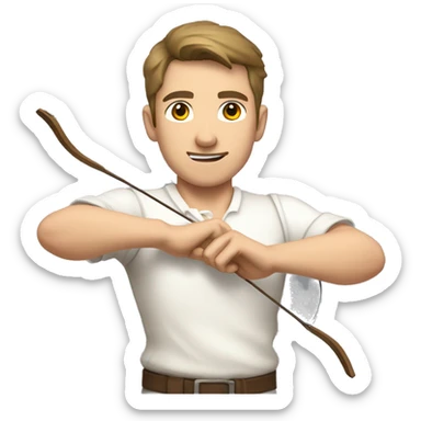 a male archer bending a bow, wearing a white shirt, very short brown hair, bright skin, only show upper part of the body from waist up sticker