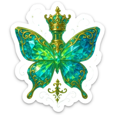 very close to original: crystal luxurious butterfly-shaped bottle with short neck and princess crown, many facets, glowing, light refractions, green (#c0ff53) and blue colors, golden details, more decorations, ornaments, glowing, magical effects, premium class impression, bottle clearly floating in air, no base or shadow, transparent background, beautiful connected bottom sticker