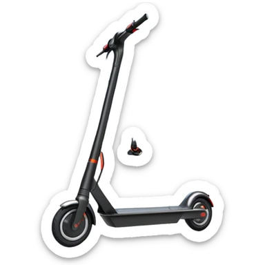 An icon featuring a sleek electric scooter with a modern design, parked on a smooth city sidewalk. The background shows a bustling urban landscape with clear skies, tall buildings, and pedestrians walking by. The scooter is highlighted as a symbol of eco-friendly transportation and modern mobility.  sticker